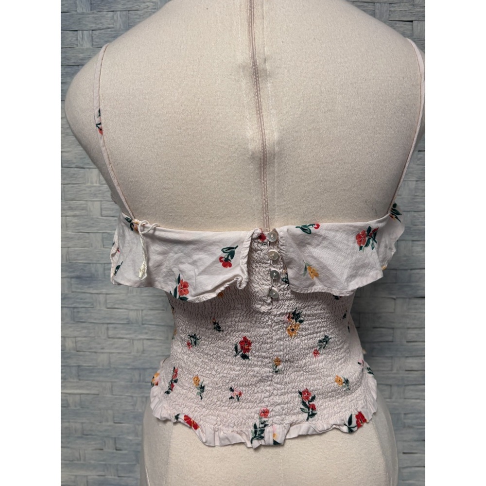 Zara Trafaluc Womens M Floral Smocked Camisole Crop Top White Ruffle Cottagecore - Picture 4 of 7